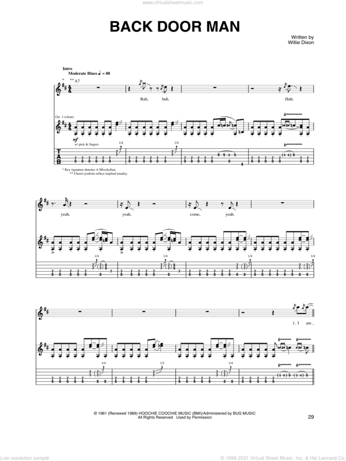 Back Door Man sheet music for guitar (tablature) by Willie Dixon, intermediate skill level