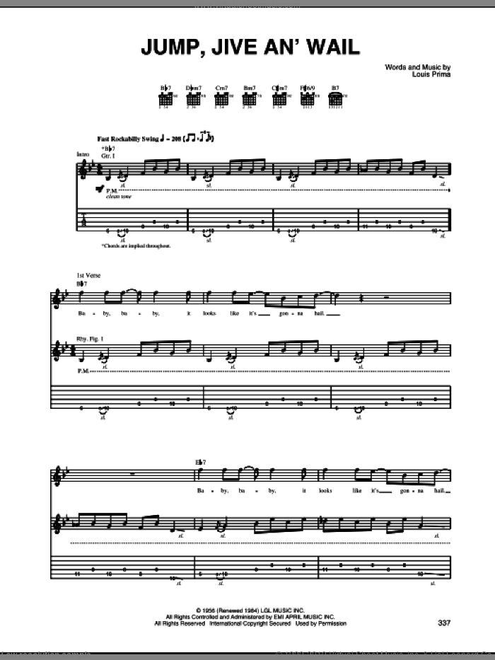 Jump, Jive An' Wail sheet music for guitar (tablature) by Louis Prima and Brian Setzer, intermediate skill level