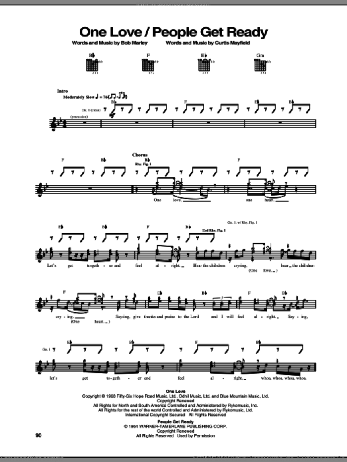 One Love sheet music for guitar (tablature) by Bob Marley, intermediate skill level
