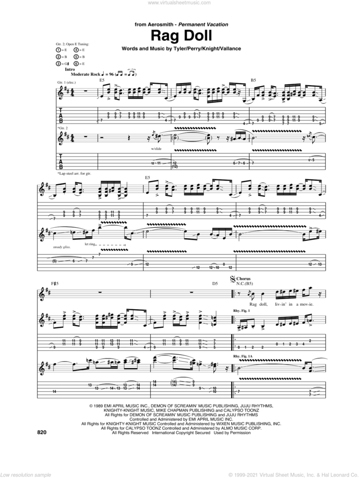 Rag Doll sheet music for guitar (tablature) by Aerosmith, Holly Knight, Jim Vallance, Joe Perry and Steven Tyler, intermediate skill level