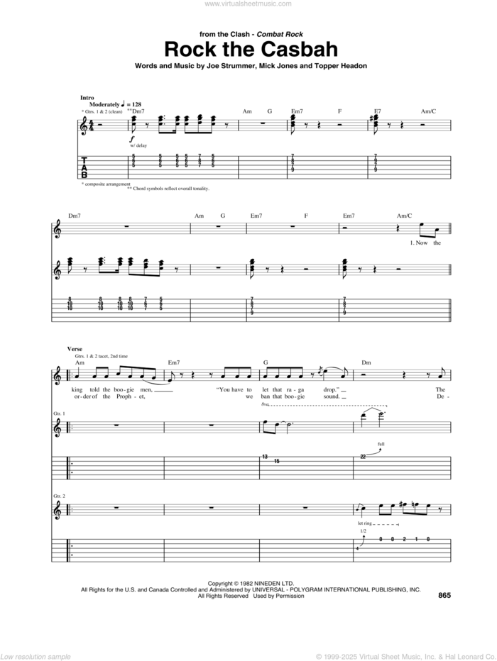 Rock The Casbah sheet music for guitar (tablature) by The Clash, Joe Strummer, Mick Jones and Topper Headon, intermediate skill level