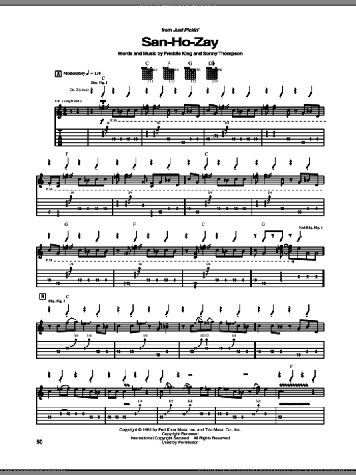 San-Ho-Zay sheet music for guitar (tablature) by Freddie King and Sonny Thompson, intermediate skill level