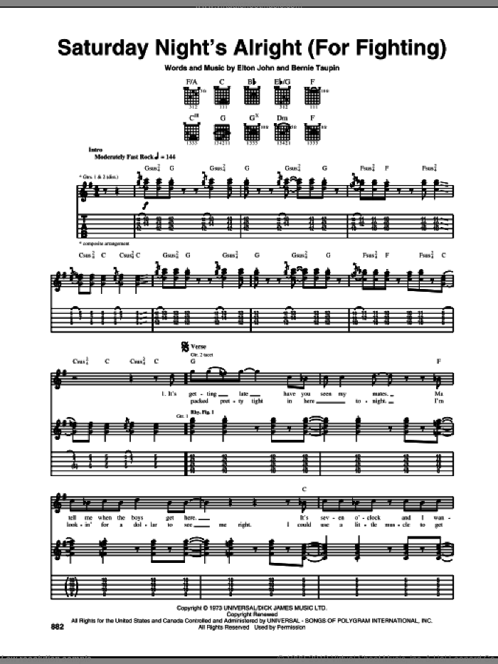 Saturday Night's Alright (For Fighting) sheet music for guitar (tablature) by Elton John and Bernie Taupin, intermediate skill level