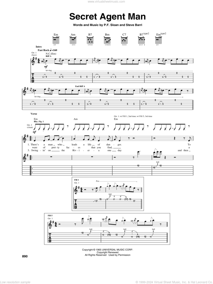 Secret Agent Man sheet music for guitar (tablature) by Johnny Rivers, P.F. Sloan and Steve Barri, intermediate skill level
