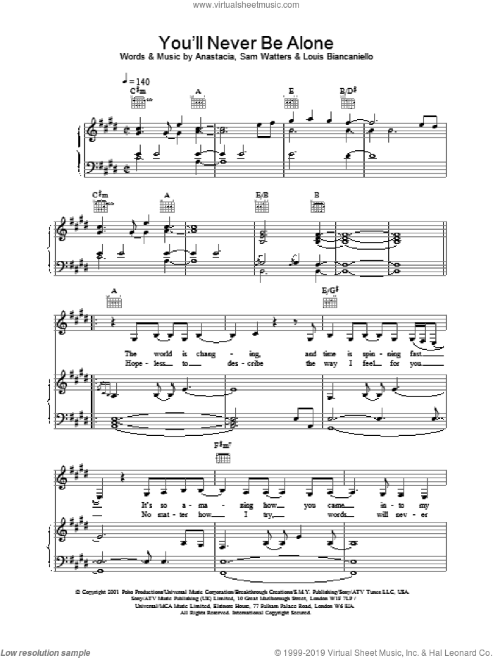 You'll Never Be Alone sheet music for voice, piano or guitar by Anastacia, intermediate skill level