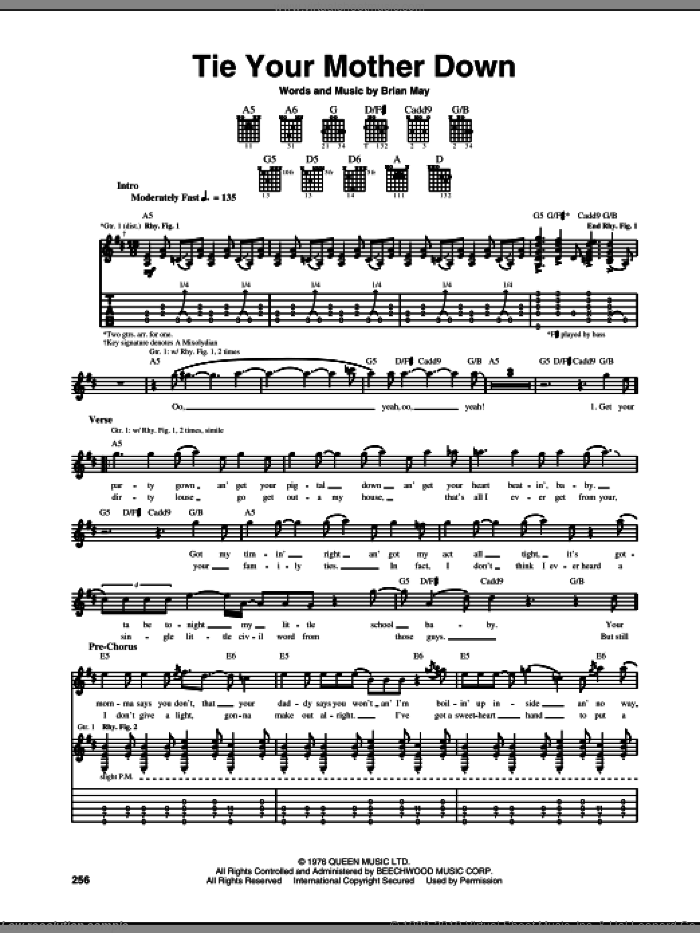 Tie Your Mother Down sheet music for guitar (tablature) by Queen and Brian May, intermediate skill level