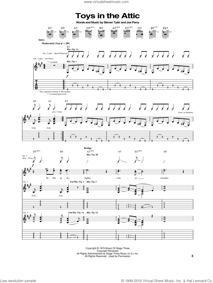 Toys In The Attic sheet music for guitar (tablature) by Aerosmith, Joe Perry and Steven Tyler, intermediate skill level