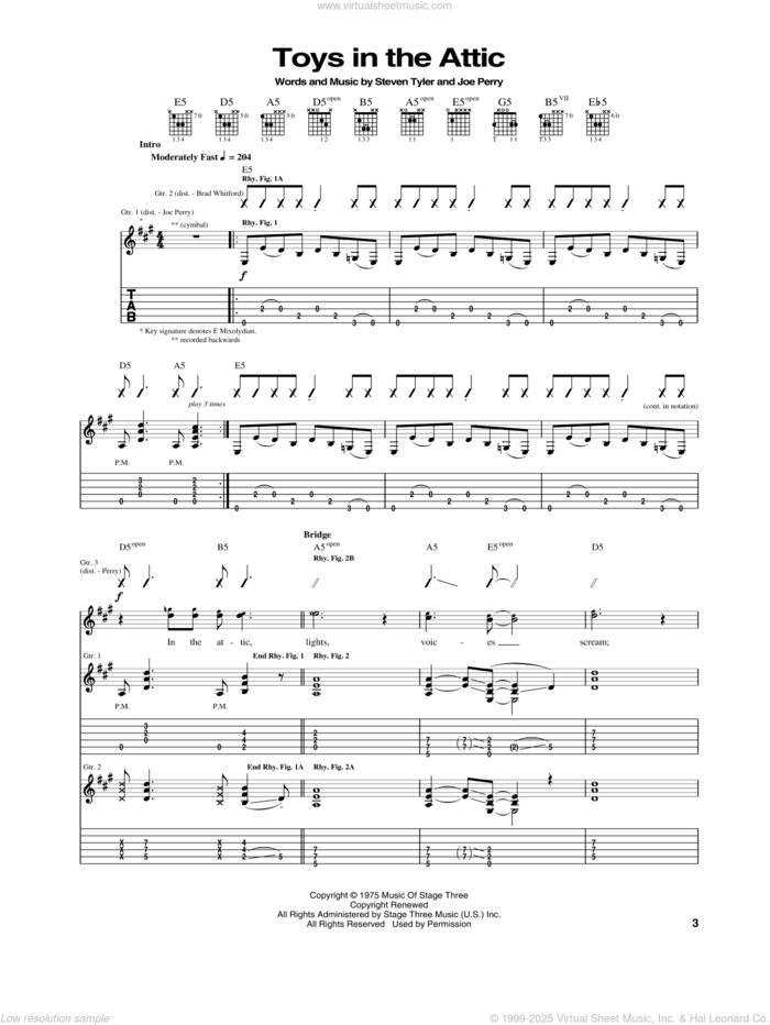 Toys In The Attic sheet music for guitar (tablature) by Aerosmith, Joe Perry and Steven Tyler, intermediate skill level