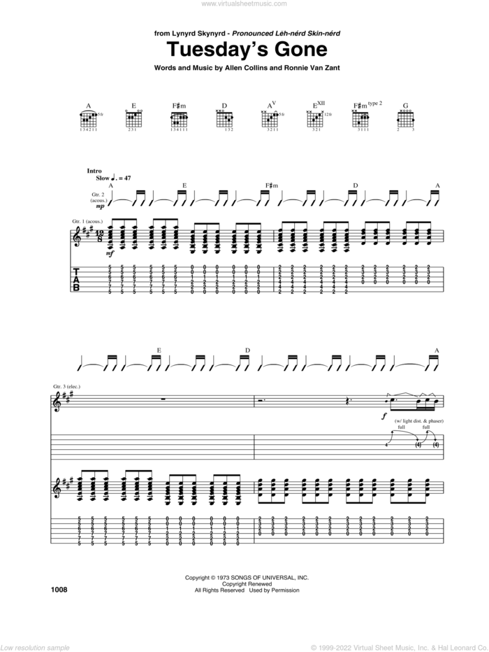 Tuesday's Gone sheet music for guitar (tablature) by Lynyrd Skynyrd, Allen Collins and Ronnie Van Zant, intermediate skill level