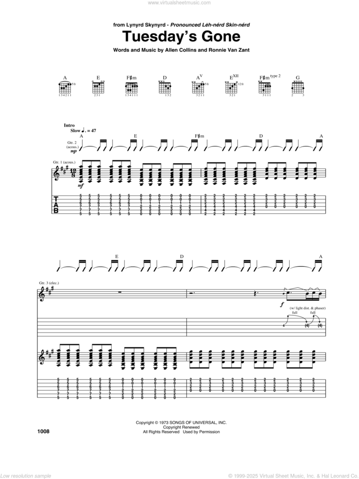 Tuesday's Gone sheet music for guitar (tablature) by Lynyrd Skynyrd, Allen Collins and Ronnie Van Zant, intermediate skill level