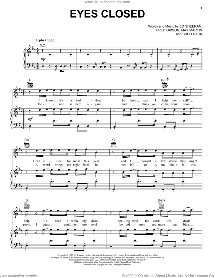 Eyes Closed sheet music for voice, piano or guitar by Ed Sheeran, Fred Gibson, Max Martin and Shellback, intermediate skill level