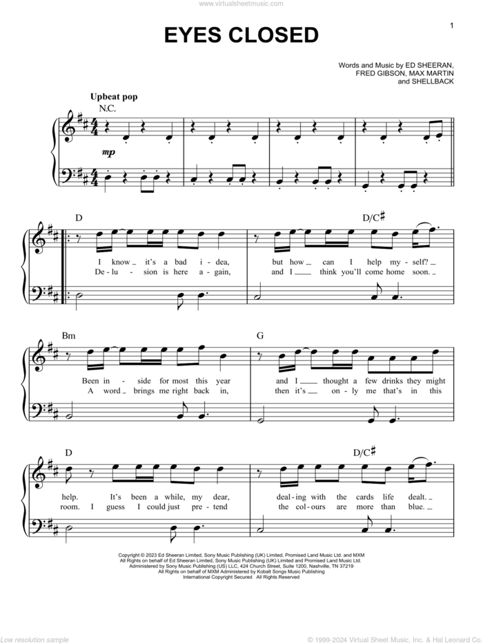 Eyes Closed, (easy) sheet music for piano solo by Ed Sheeran, Fred Gibson, Max Martin and Shellback, easy skill level