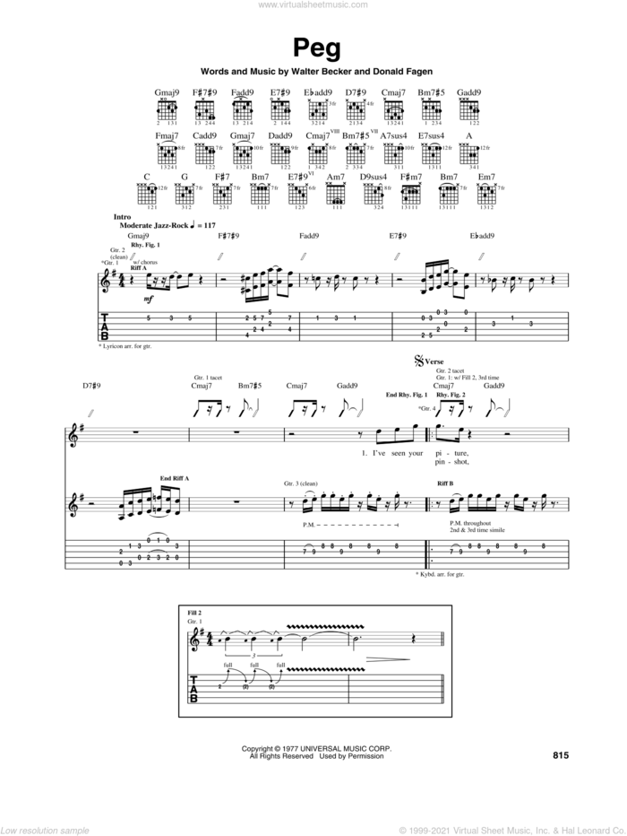 Peg sheet music for guitar (tablature) by Steely Dan, Donald Fagen and Walter Becker, intermediate skill level