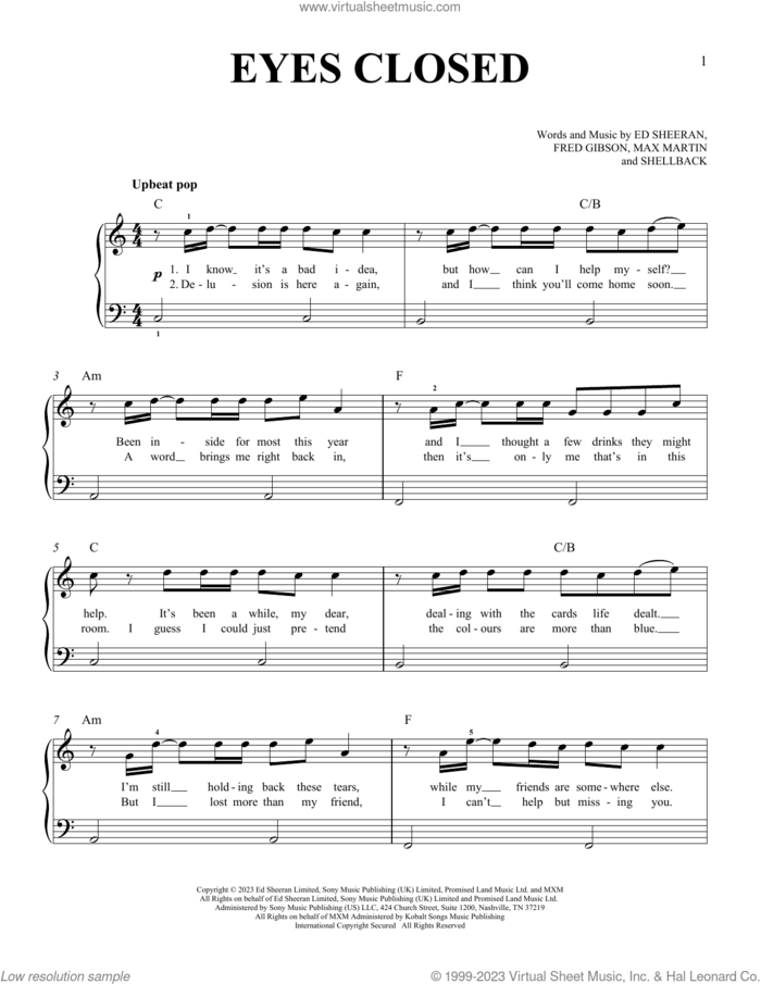 Eyes Closed, (beginner) sheet music for piano solo by Ed Sheeran, Fred Gibson, Max Martin and Shellback, beginner skill level