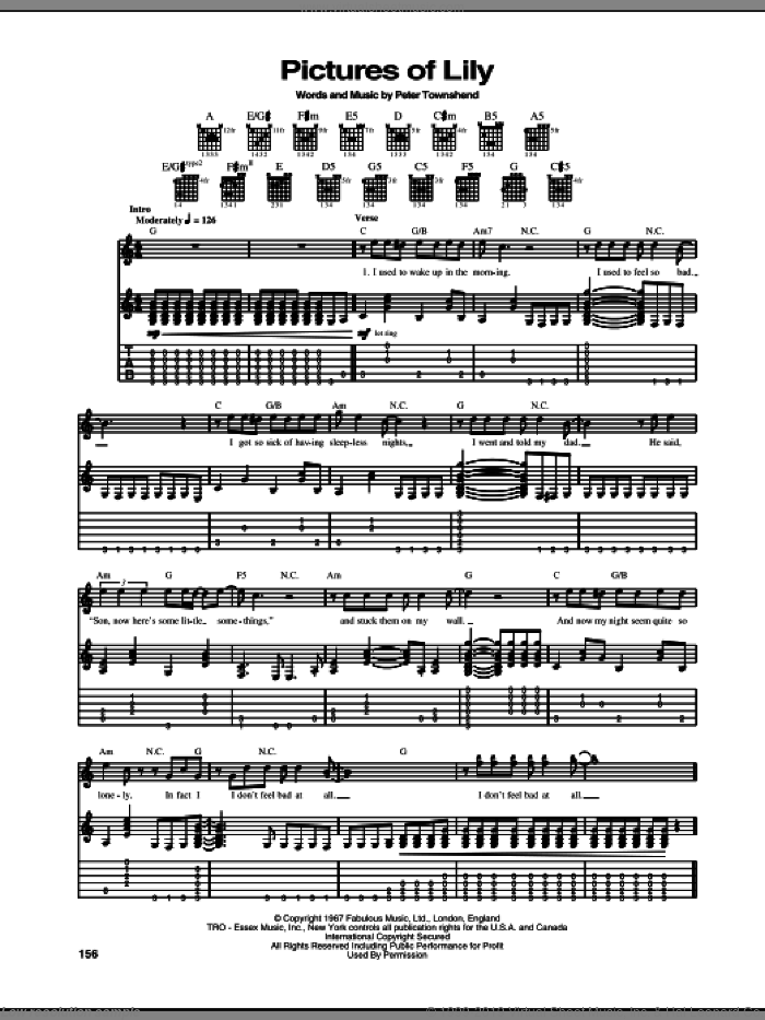 Pictures Of Lily sheet music for guitar (tablature) by The Who and Pete Townshend, intermediate skill level