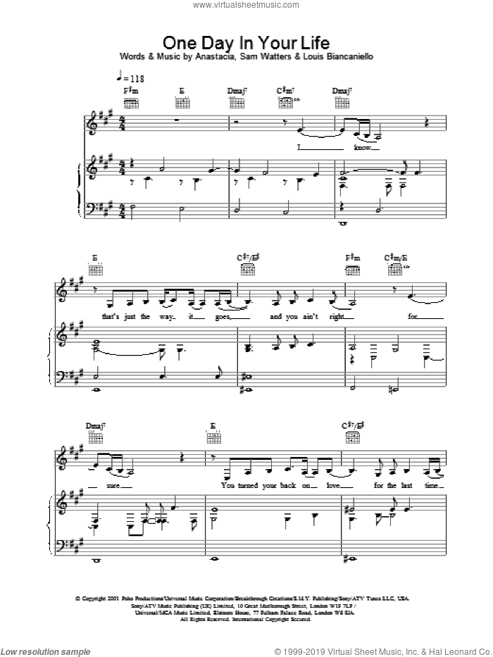 One Day In Your Life sheet music for voice, piano or guitar by Anastacia, intermediate skill level