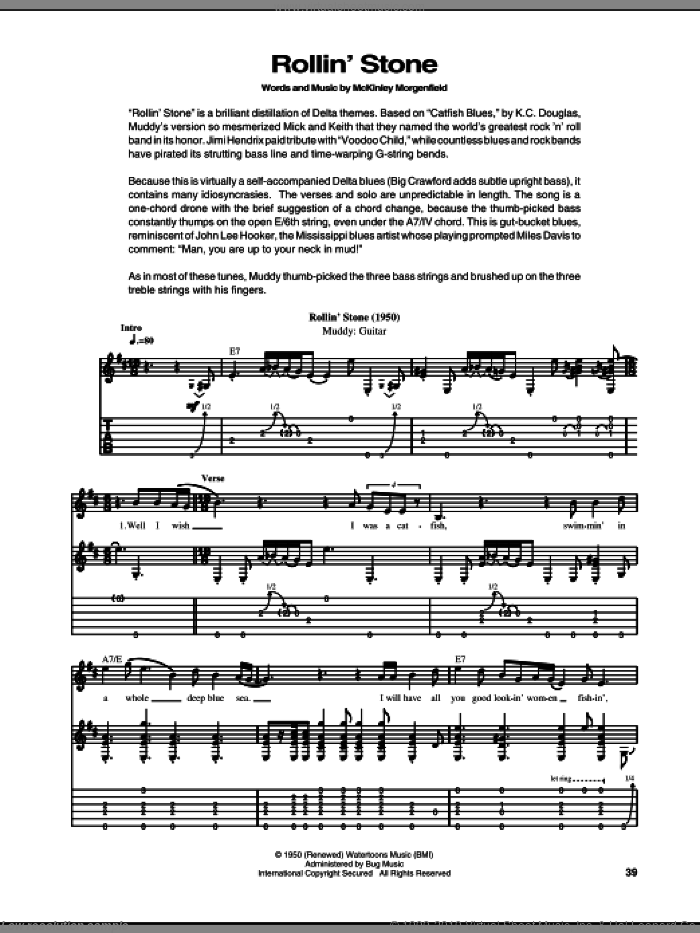 Rollin' Stone (Catfish Blues) sheet music for guitar (tablature) by Muddy Waters, intermediate skill level