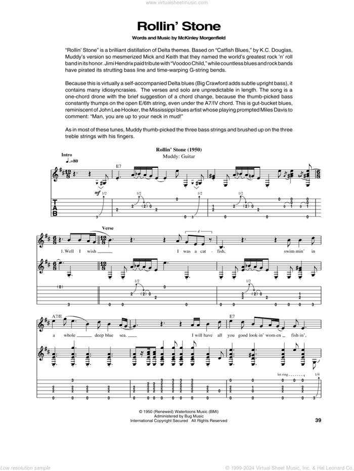 Rollin' Stone (Catfish Blues) sheet music for guitar (tablature) by Muddy Waters, intermediate skill level