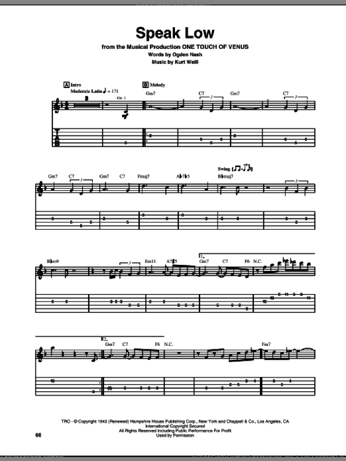 Speak Low sheet music for guitar (tablature) by Kurt Weill and Ogden Nash, classical score, intermediate skill level