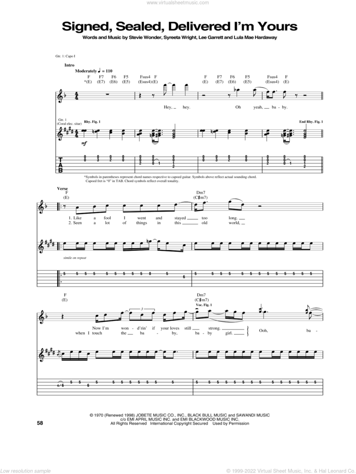 Signed, Sealed, Delivered I'm Yours sheet music for guitar (tablature) by Stevie Wonder, Lee Garrett, Lula Mae Hardaway and Syreeta Wright, intermediate skill level