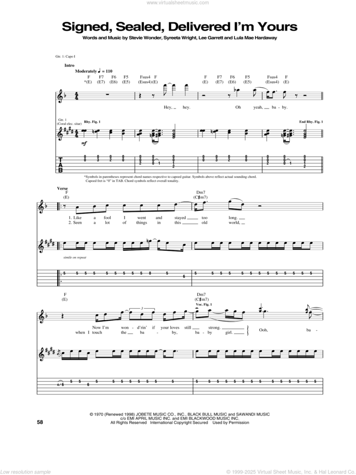 Signed, Sealed, Delivered I'm Yours sheet music for guitar (tablature) by Stevie Wonder, Lee Garrett, Lula Mae Hardaway and Syreeta Wright, intermediate skill level