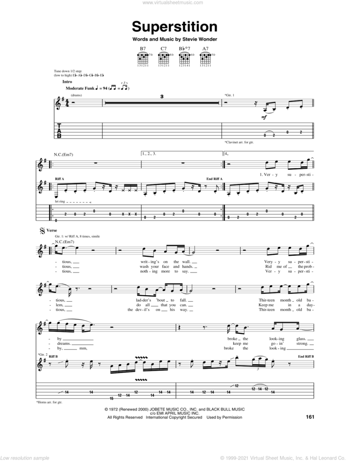 Superstition sheet music for guitar (tablature) by Stevie Wonder and Stevie Ray Vaughan, intermediate skill level