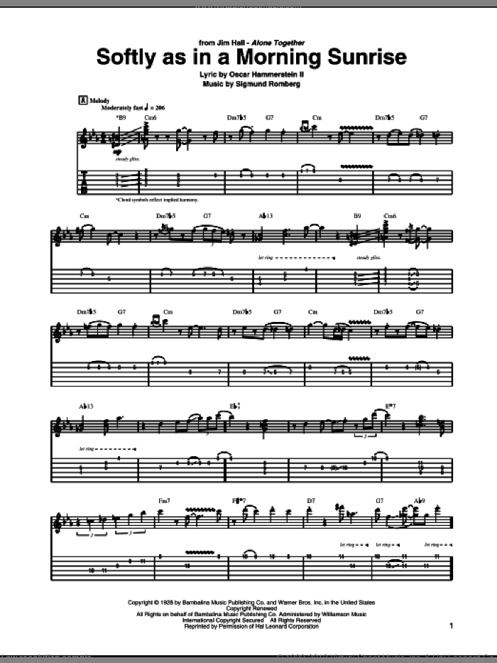 Softly As In A Morning Sunrise sheet music for guitar (tablature) by Jim Hall, Oscar II Hammerstein and Sigmund Romberg, intermediate skill level