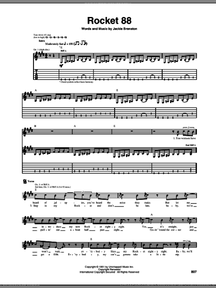 Rocket 88 sheet music for guitar (tablature) by Jackie Brenston, intermediate skill level
