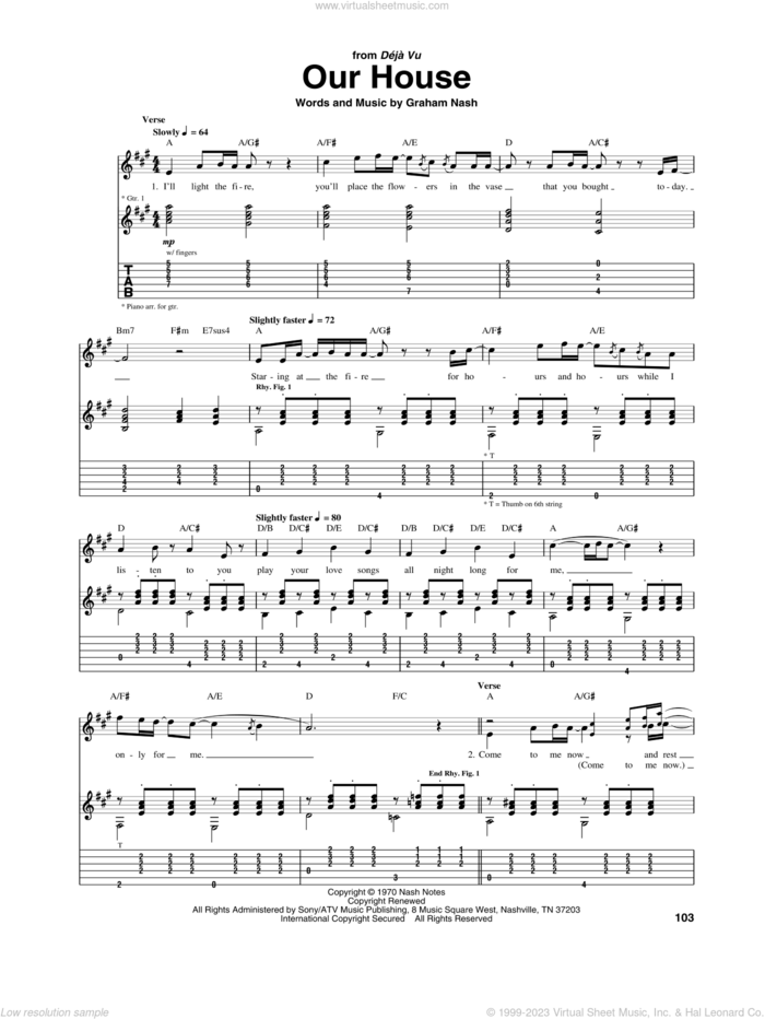 Our House sheet music for guitar (tablature) by Crosby, Stills, Nash & Young, Crosby, Stills & Nash and Graham Nash, intermediate skill level