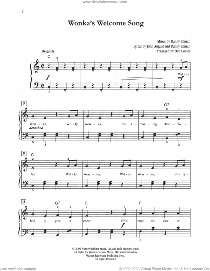 Wonka's Welcome Song (from Charlie And The Chocolate Factory) (arr. Dan Coates) sheet music for piano solo by Danny Elfman, Dan Coates and John August, easy skill level