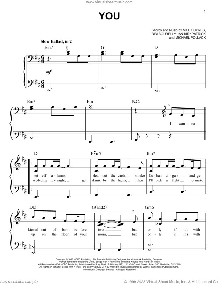 You sheet music for piano solo by Miley Cyrus, Bibi Bourelly, Ian Kirkpatrick and Michael Pollack, easy skill level