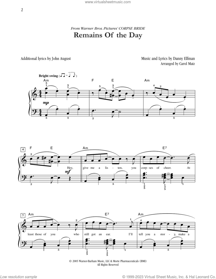 Remains Of The Day (from Corpse Bride) (arr. Carol Matz) sheet music for piano solo by Danny Elfman, Carol Matz and John August, easy skill level