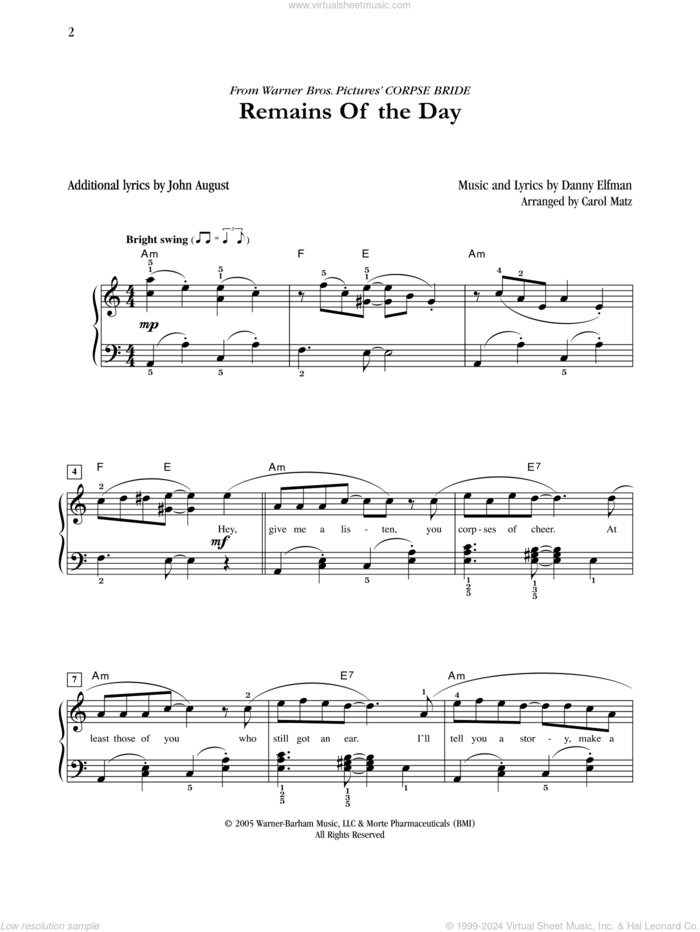 Remains Of The Day (from Corpse Bride) (arr. Carol Matz) sheet music for piano solo by Danny Elfman, Carol Matz and John August, easy skill level