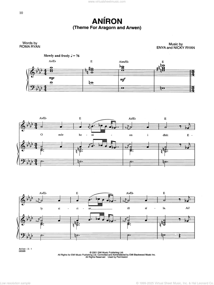 The Council Of Elrond (feat. 'Aniron') (Theme for Aragorn And Arwen) (from The Lord Of The Rings) sheet music for voice, piano or guitar by Howard Shore and Enya, Enya, Eithne Ni Bhraonain, Howard Shore, Nicky Ryan and Roma Ryan, intermediate skill level