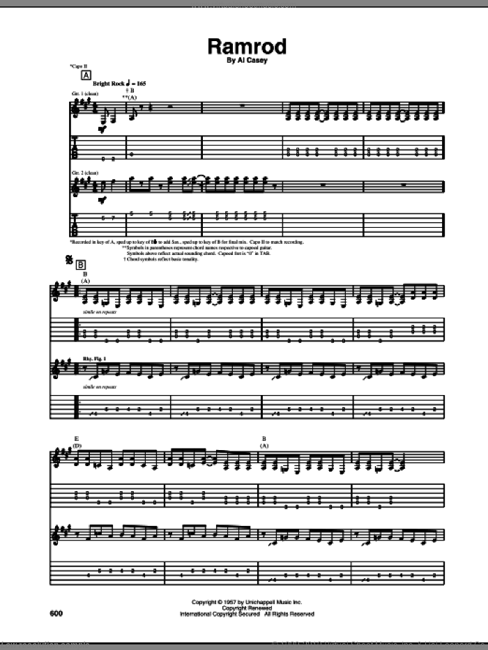 Ramrod sheet music for guitar (tablature) by Duane Eddy and Al Casey, intermediate skill level