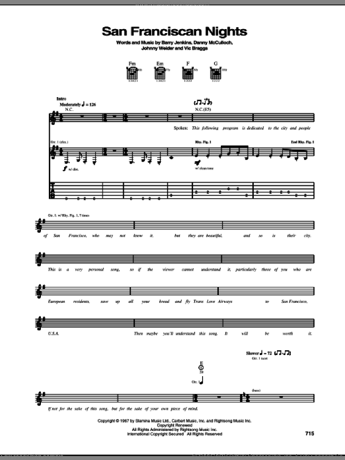 San Franciscan Nights sheet music for guitar (tablature) by Eric Burdon & The Animals, Barry Jenkins, Danny McCulloch, Johnny Weider and Vic Braggs, intermediate skill level