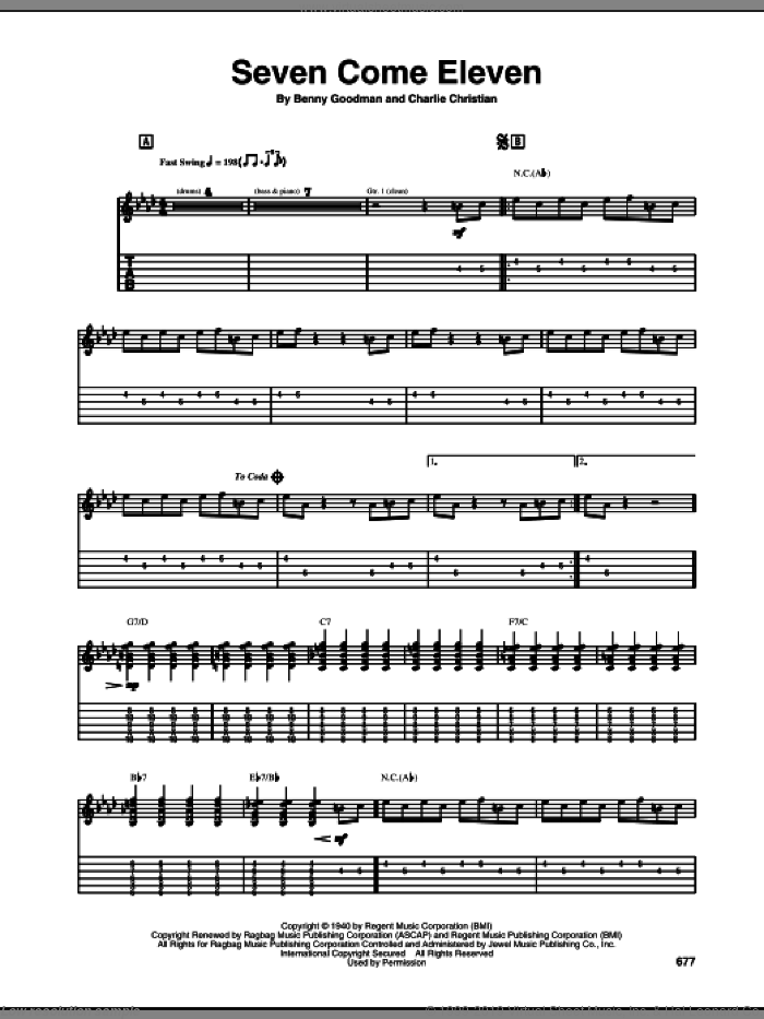Seven Come Eleven sheet music for guitar (tablature) by Charlie Christian and Benny Goodman, intermediate skill level