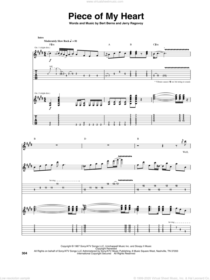 Piece Of My Heart sheet music for guitar (tablature) by Janis Joplin, Bert Berns and Jerry Ragovoy, intermediate skill level