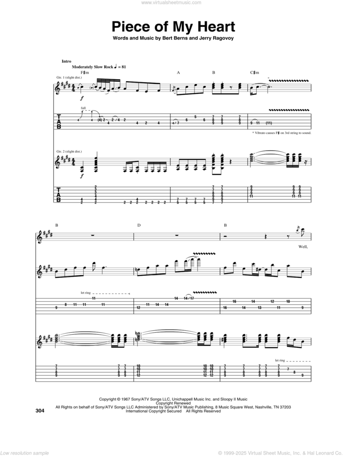 Piece Of My Heart sheet music for guitar (tablature) by Janis Joplin, Bert Berns and Jerry Ragovoy, intermediate skill level