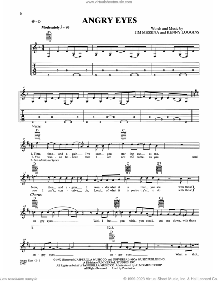 Angry Eyes sheet music for guitar solo (chords) by Loggins & Messina, Jim Messina and Kenny Loggins, easy guitar (chords)