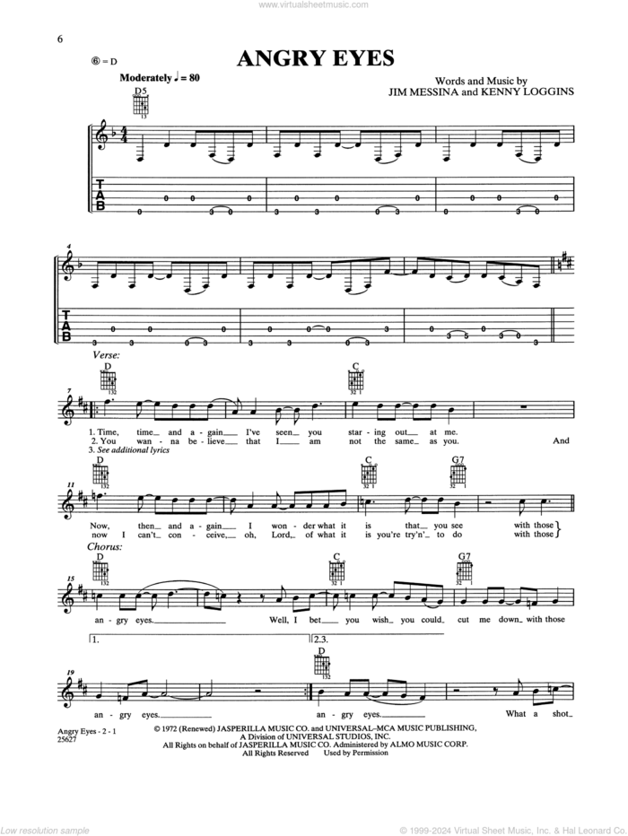 Angry Eyes sheet music for guitar solo (chords) by Loggins & Messina, Jim Messina and Kenny Loggins, easy guitar (chords)