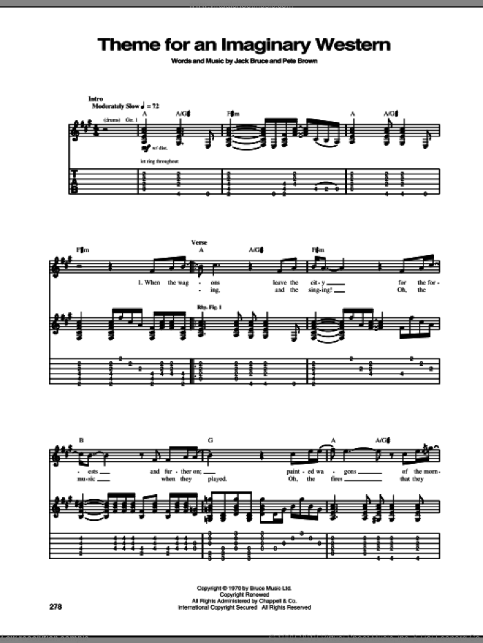 Theme For An Imaginary Western sheet music for guitar (tablature) by Mountain, Jack Bruce and Pete Brown, intermediate skill level
