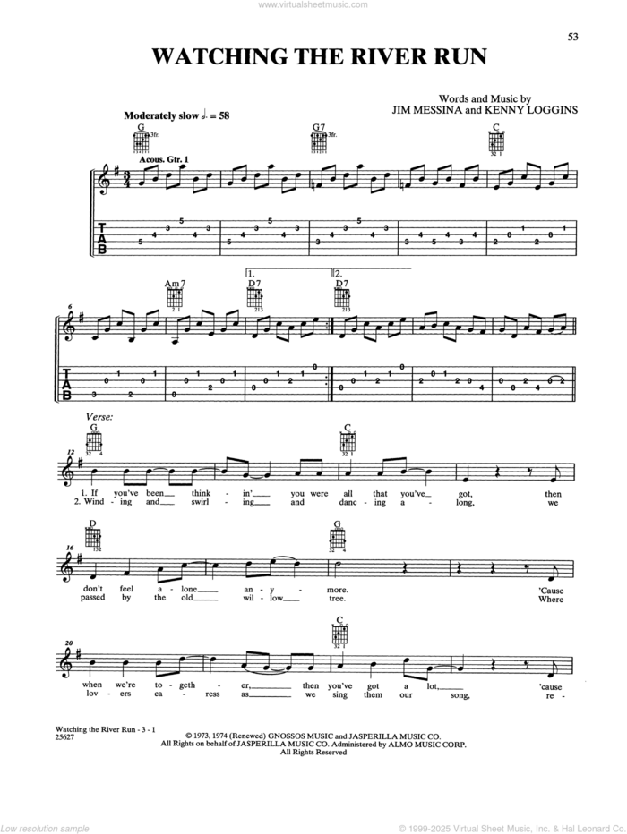 Watching The River Run sheet music for guitar solo (chords) by Loggins & Messina, Jim Messina and Kenny Loggins, easy guitar (chords)