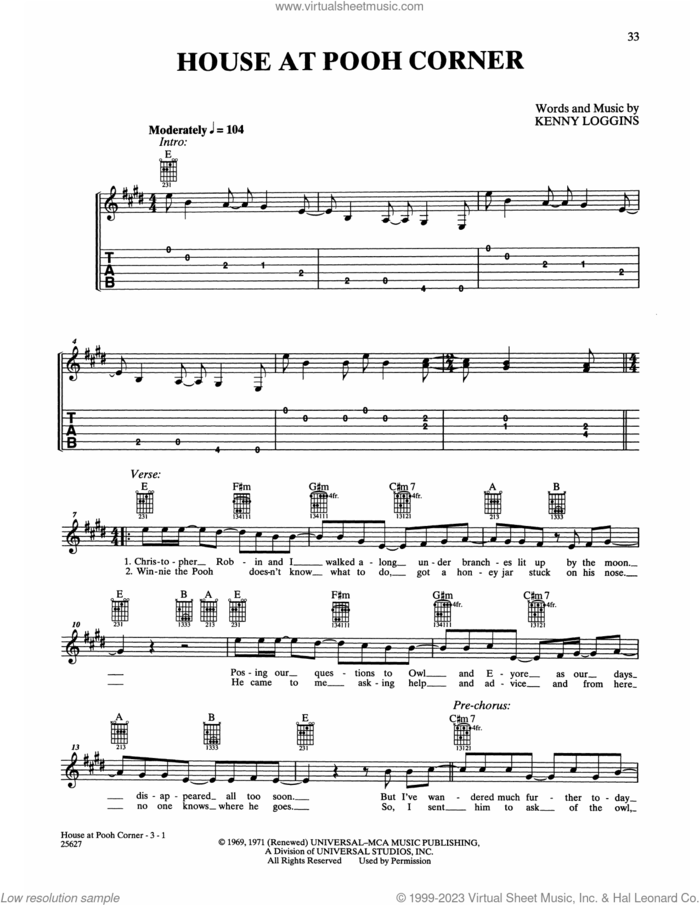 House At Pooh Corner sheet music for guitar solo (chords) by Loggins & Messina, Nitty Gritty Dirt Band and Kenny Loggins, easy guitar (chords)