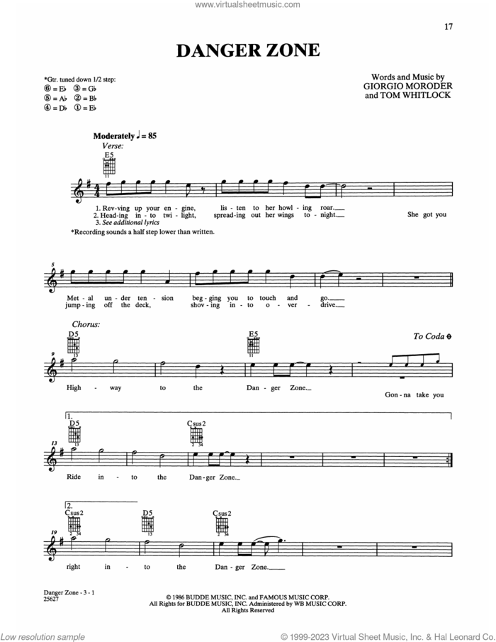 Danger Zone (from Top Gun) sheet music for guitar solo (chords) by Kenny Loggins, Giorgio Moroder and Tom Whitlock, easy guitar (chords)