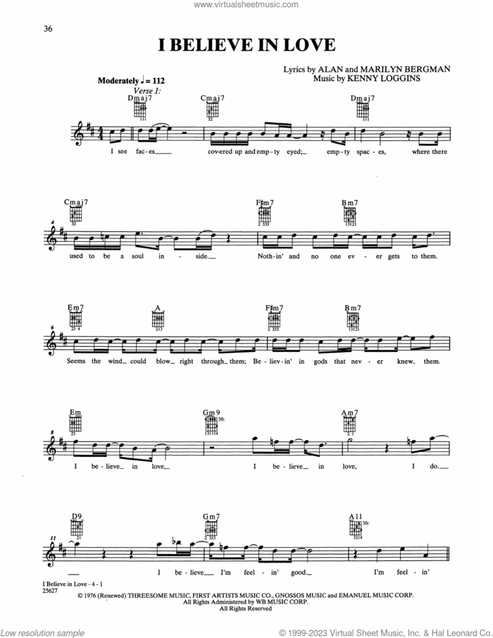 I Believe In Love sheet music for guitar solo (chords) by Kenny Loggins, Alan and Marilyn Bergman, easy guitar (chords)