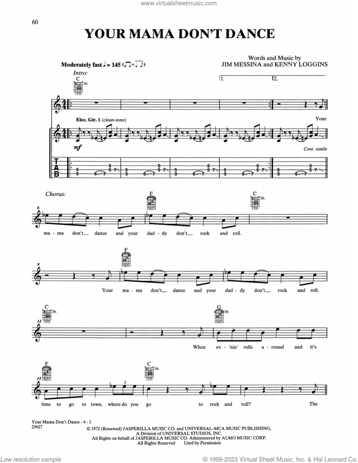 Your Mama Don't Dance sheet music for guitar solo (chords) by Loggins & Messina, Poison, Jim Messina and Kenny Loggins, easy guitar (chords)