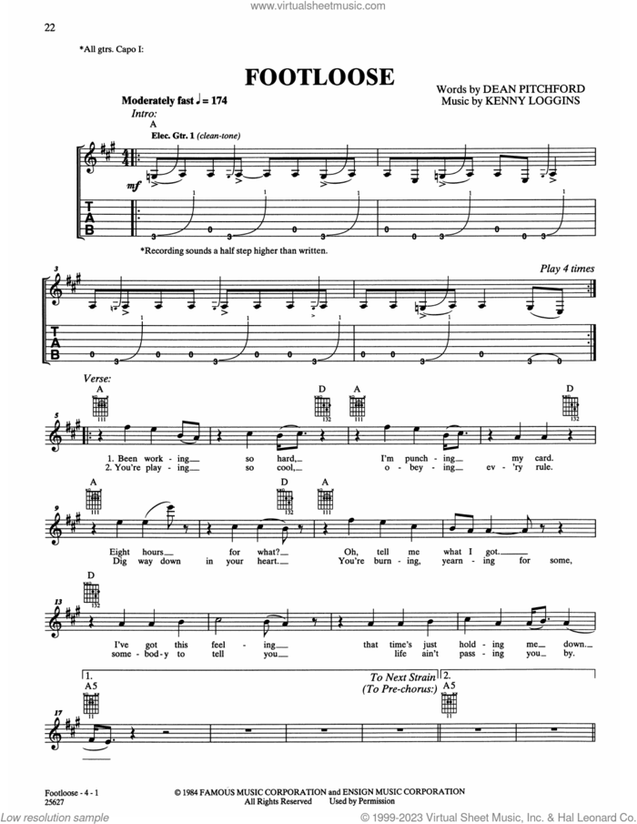 Footloose sheet music for guitar solo (chords) by Kenny Loggins and Dean Pitchford, easy guitar (chords)