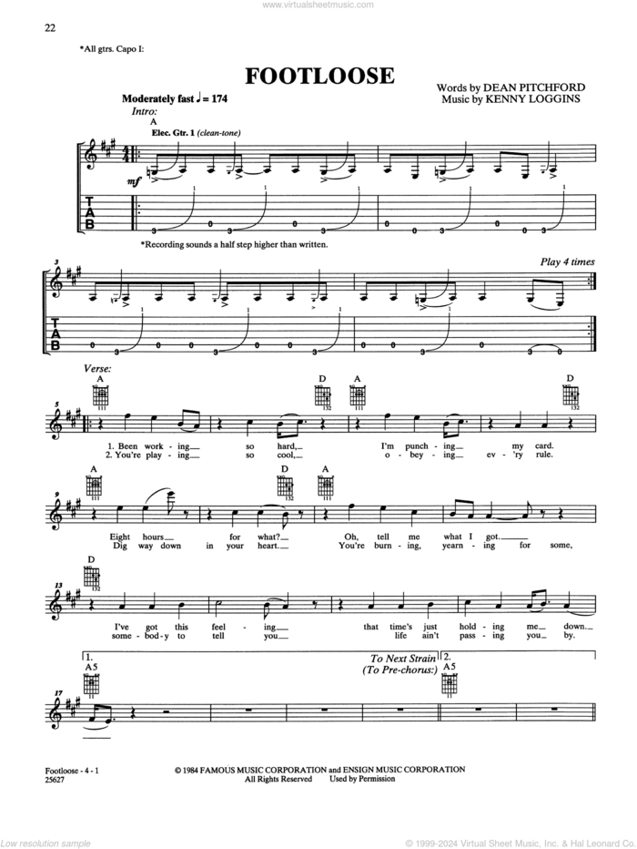 Footloose sheet music for guitar solo (chords) by Kenny Loggins and Dean Pitchford, easy guitar (chords)