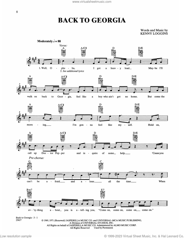 Back To Georgia sheet music for guitar solo (chords) by Loggins & Messina and Kenny Loggins, easy guitar (chords)